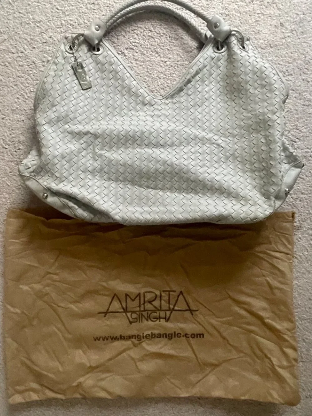 Amrita Singh Dove Grey Woven Intrecciato Slouchy Hobo Bag Tote